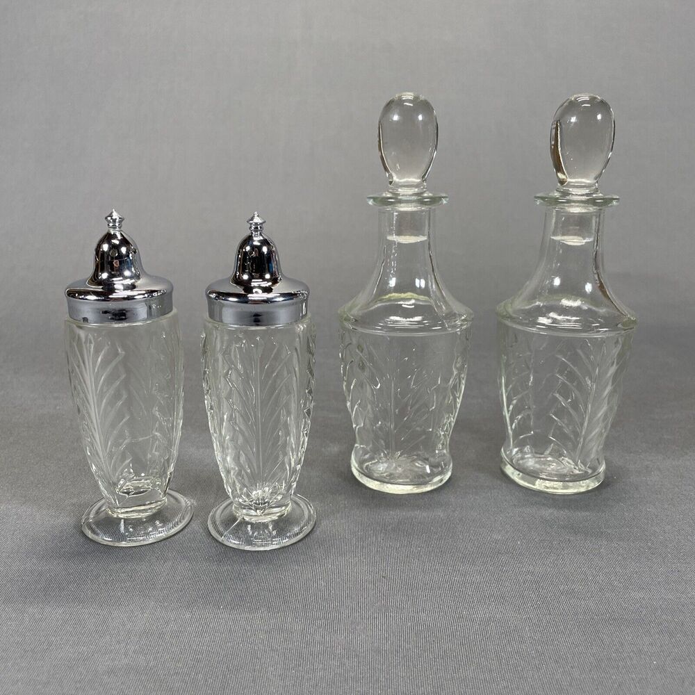 Vintage Jeannette Feather Glass Salt Pepper Shaker Set Oil Vinegar Set Lot of 4